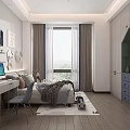 Kids Room Interior Design Featuring Gray Wardrobe Gold Handles Blue Shelves Bed Desk Gray Bedding