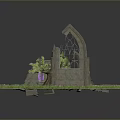 Ancient Ruin Structure With Arched Doorway Stone Walls Green Plants And Purple Flowers