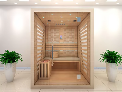 Modern Sauna Room Interior Design With Wooden Walls Seats And Green Plants 3d model