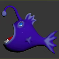 Purple Cartoon Fish with Big Blue Eyes Open Mouth Red Tongue White Teeth Curved Antenna