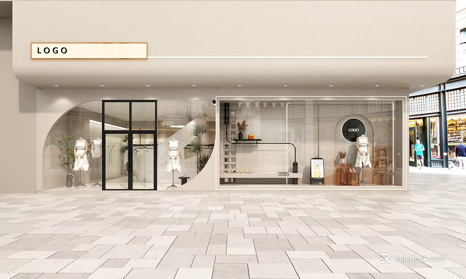 Modern Clothing Store Exterior Featuring Glass Doors Display Windows Mannequins And Plants 3d model 