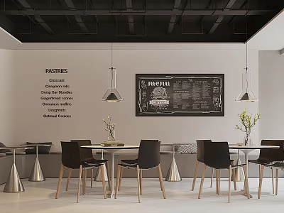 Modern Café Interior With Chalkboard Menu Pendant Lights Decorative Wall Text And Tables Chairs Arrangement 3d model