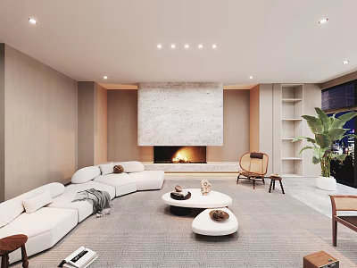Modern Cozy Lounge Area Interior With White Sofa Fireplace Coffee Tables And Green Plant Rug 3d model
