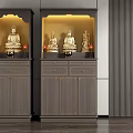 Dark Wooden Traditional Chinese Buddhist Shrine Cabinets With Buddha Statues And Red Ornaments