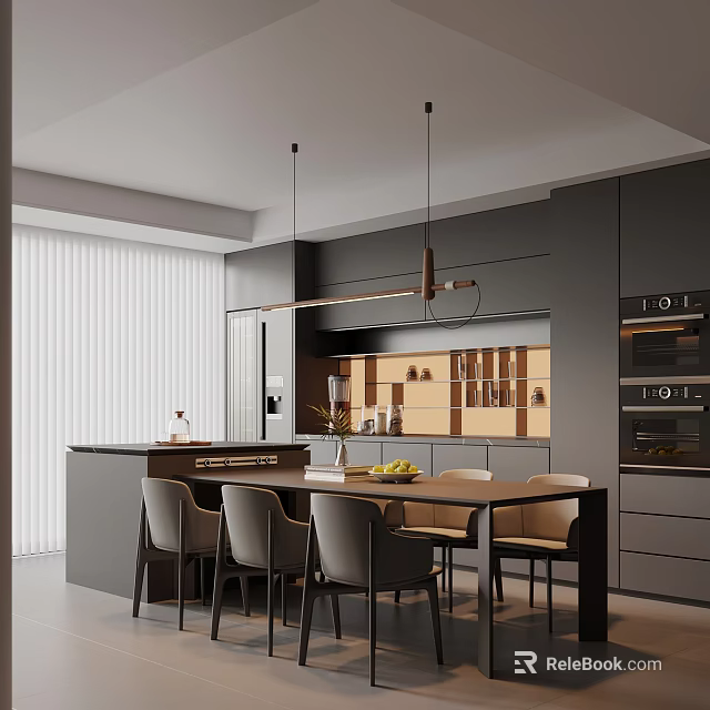 Modern Open Restaurant Kitchen With Island Dining Table Chairs And Pendant Lights 3d model 