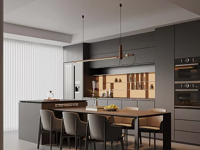 Modern Open Restaurant Kitchen With Island Dining Table Chairs And Pendant Lights 3d model