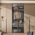 Modern Wardrobe Design With Glass Doors Wooden Panels Hanging Rods And Storage Drawers
