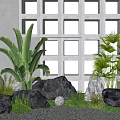 Modern Garden Ornaments With Banana Palm Plants Stones Grass And Building Front