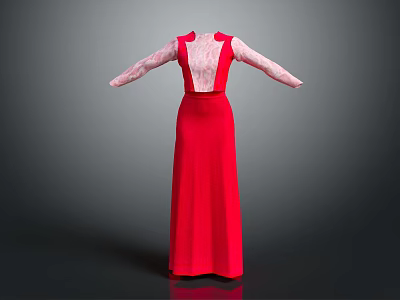 Elegant Red Long Dress With Backless Design And Delicate Lace Sleeves 3d model