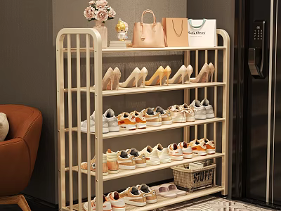 White Metal Multi Tiered Shoe Rack With High Heels Sneakers Decorative Handbags And Flower Vase 3d model
