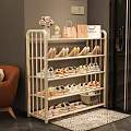 White Metal Multi Tiered Shoe Rack With High Heels Sneakers Decorative Handbags And Flower Vase