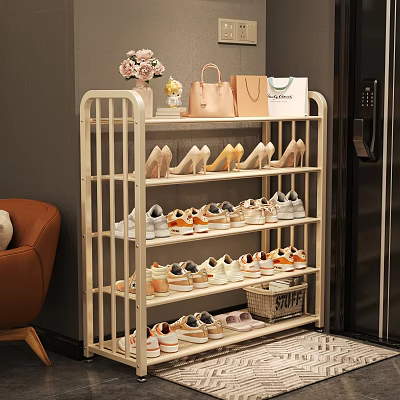 White Metal Multi Tiered Shoe Rack With High Heels Sneakers Decorative Handbags And Flower Vase 3d model