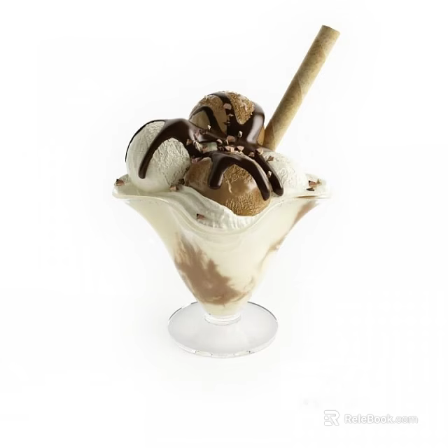 Delicious Creamy Ice Cream Scoops in Glass Bowl Topped with Chocolate Sauce and Waffle Stick 3d model 