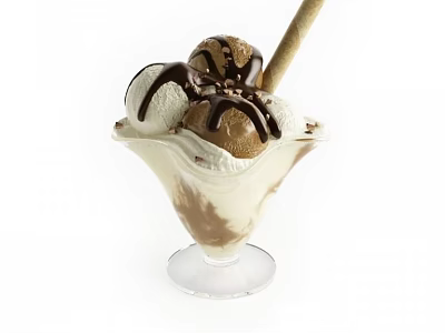 Delicious Creamy Ice Cream Scoops in Glass Bowl Topped with Chocolate Sauce and Waffle Stick 3d model