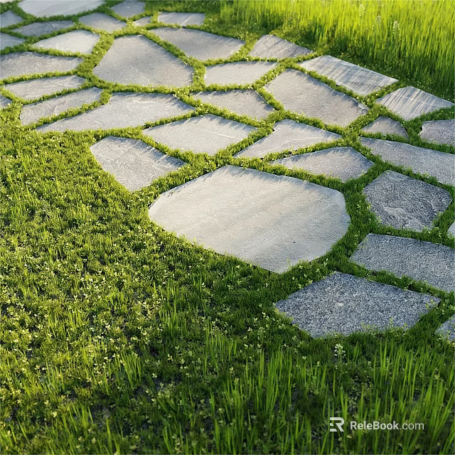 Stepping Stones Path Design Through Green Grass With Irregular Stone Slabs 3d model 