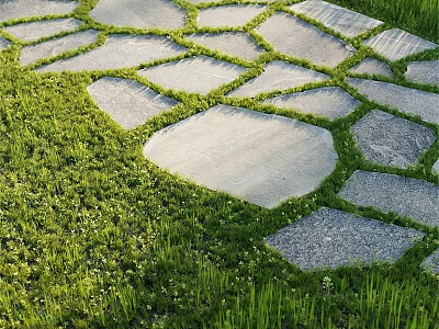 Stepping Stones Path Design Through Green Grass With Irregular Stone Slabs 3d model