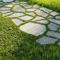 Stepping Stones Path Design Through Green Grass With Irregular Stone Slabs