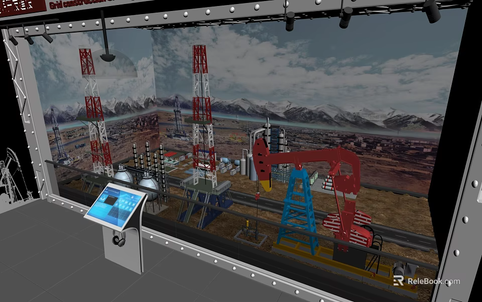 Oilfield Equipment Display With Derricks Oil Pumps Interactive Touchscreen And Mountain Landscape 3d model 