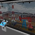 Oilfield Equipment Display With Derricks Oil Pumps Interactive Touchscreen And Mountain Landscape