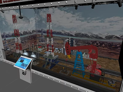 Oilfield Equipment Display With Derricks Oil Pumps Interactive Touchscreen And Mountain Landscape 3d model