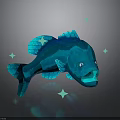 Blue Fish 3D Model With Green Stars On Dark Background And Reflective Surface