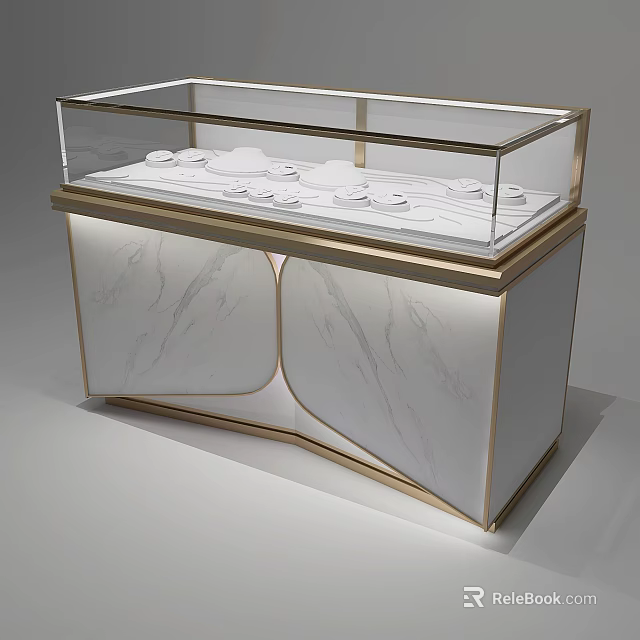 Retail Store Glass Display Case With Marble Countertop Golden Frame Lighting And White Tableware 3d model 