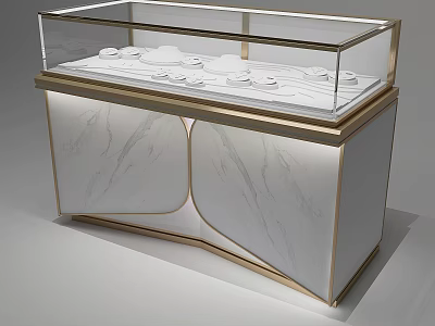 Retail Store Glass Display Case With Marble Countertop Golden Frame Lighting And White Tableware 3d model