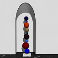 Colorful Sphere Sculpture Hanging In Transparent Arched Structure With White Wall Background And Illuminated Effect