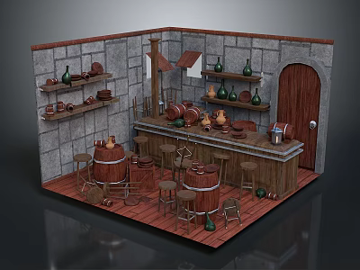 Cozy Cartoon Tavern Interior Scene With Stone Walls Wooden Shelves Barrels Stools And Counter 3d model