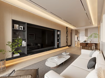 Modern Living Dining Room Interior With Open Concept TV Wall And Marble Coffee Table 3d model
