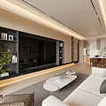 Modern Living Dining Room Interior With Open Concept TV Wall And Marble Coffee Table