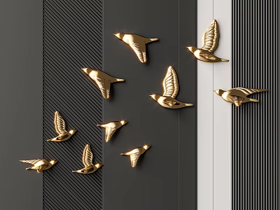 Stylish Golden Bird Wall Decor with Flying Design on Black and White Striped Wall 3d model