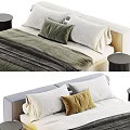 Modern Gray Velvet Double Bed With White Yellow Green Pillows Striped Blanket And Black Nightstands