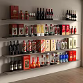Assorted Wine Bottles And Glasses Displayed On Wall Shelves In Room 3d model