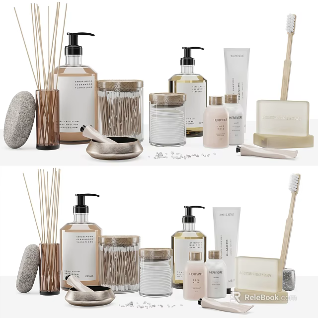 Essential Bathroom Accessories With Reed Diffusers Soap Bars Toothbrushes And Storage Jars 3d model
