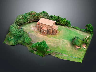 Cartoon Scene of Small Church Surrounded by Green Trees and Lush Grassland 3d model