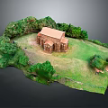 Cartoon Scene of Small Church Surrounded by Green Trees and Lush Grassland