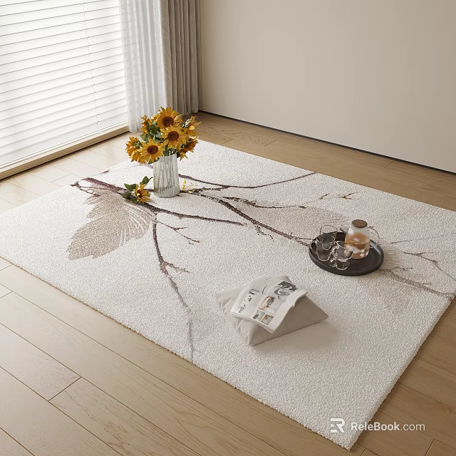 Square Carpet with Branch Pattern and Sunflowers in Vase Tray and Magazine on Wooden Floor 3d model 