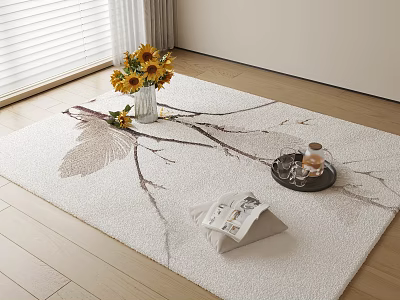 Square Carpet with Branch Pattern and Sunflowers in Vase Tray and Magazine on Wooden Floor 3d model