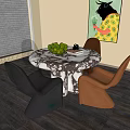 Round Marble Texture Dining Table Set With Gray And Brown Chairs 3d model