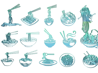 Hand Drawn Blue And White Noodle Themed Pendant With Chopsticks Bowls And Plates 3d model