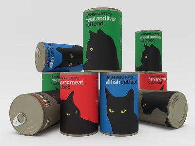 Sainsbury's Cat Food Cans With Black Cat Design And Various Flavors Like Meat Liver Fish 3d model