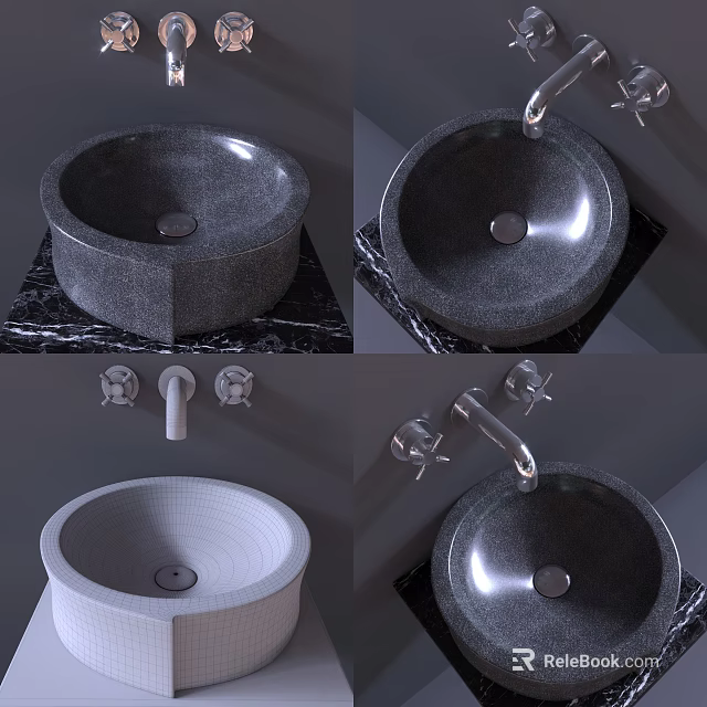 Modern Stone Washbasin With Sleek Faucet And Textured Surface In Bathroom 3d model 