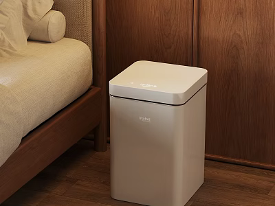 White Automatic Trash Can In Modern Living Room With Wooden Floor And Sofa 3d model