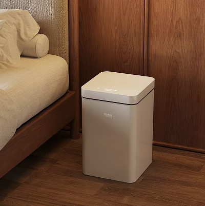 White Automatic Trash Can In Modern Living Room With Wooden Floor And Sofa 3d model