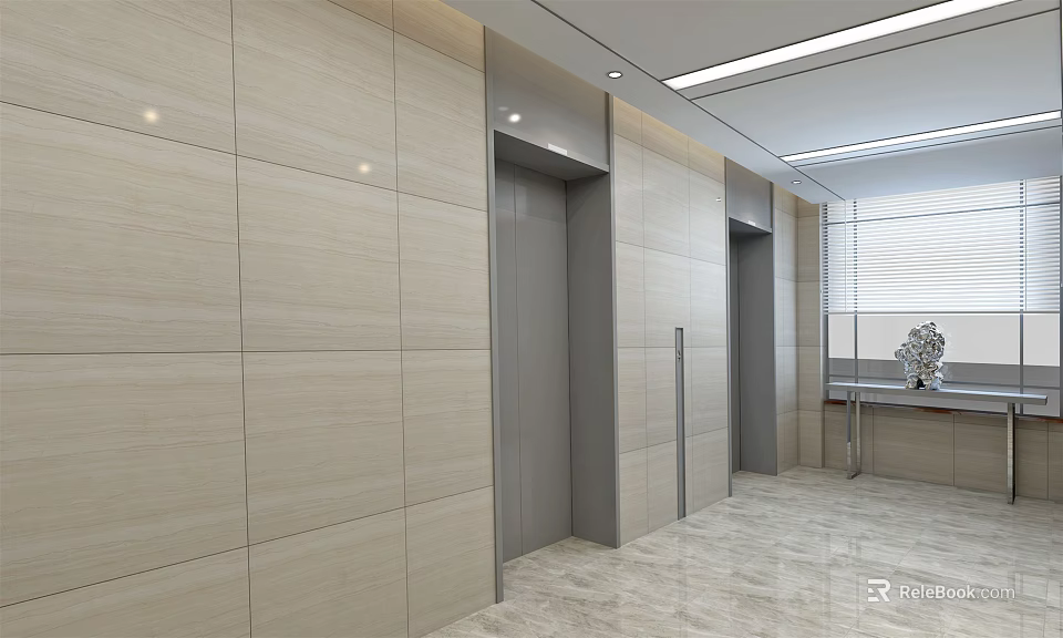 Modern Elevator Hallway Interior With Beige Tiled Walls Elevator Doors And Recessed Lighting 3d model