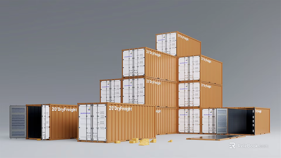 Industrial Stacked Orange 20GP Freight Containers with Scattered Cargo Blocks 3d model 