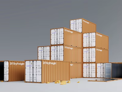Industrial Stacked Orange 20GP Freight Containers with Scattered Cargo Blocks 3d model