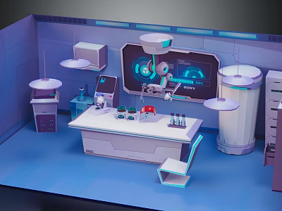 Futuristic Laboratory Interior With Workbench Large Screen Floating Lamps And Hi tech Equipment 3d model