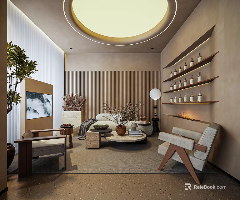 Modern Beauty Salon Interior With Comfortable Sofa Product Shelves And Green Plants 3d model 